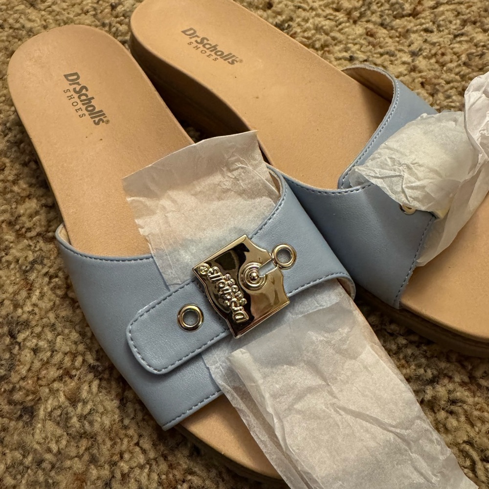 Dr. Scholl's Women's Light Blue Mules with Silver Buckle